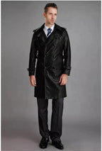 Men's Black Full-Grain Original Leather Trench Coat with Epaulettes – Handcrafted Double-Breasted Overcoat
