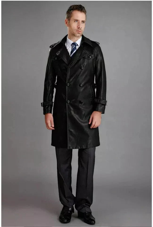 Men's Black Full-Grain Original Leather Trench Coat with Epaulettes – Handcrafted Double-Breasted Overcoat