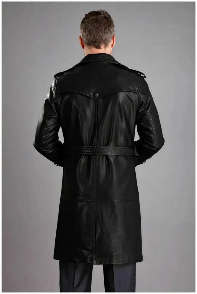 Men's Black Full-Grain Original Leather Trench Coat with Epaulettes – Handcrafted Double-Breasted Overcoat
