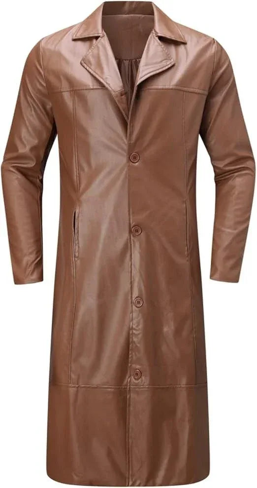 Men's Tan Brown Full-Grain Original Leather Coat – Handcrafted Single-Breasted Overcoat