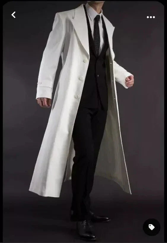 Men's White Full-Grain Original Leather Trench Coat – Handcrafted Double-Breasted Overcoat