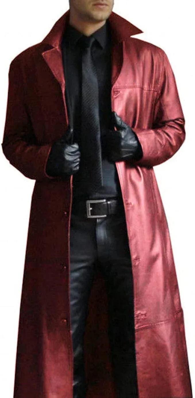 Men's Red Full-Grain Original Leather Coat – Handcrafted Single-Breasted Overcoat