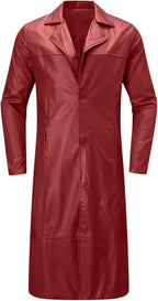 Men's Red Full-Grain Original Leather Coat – Handcrafted Single-Breasted Overcoat