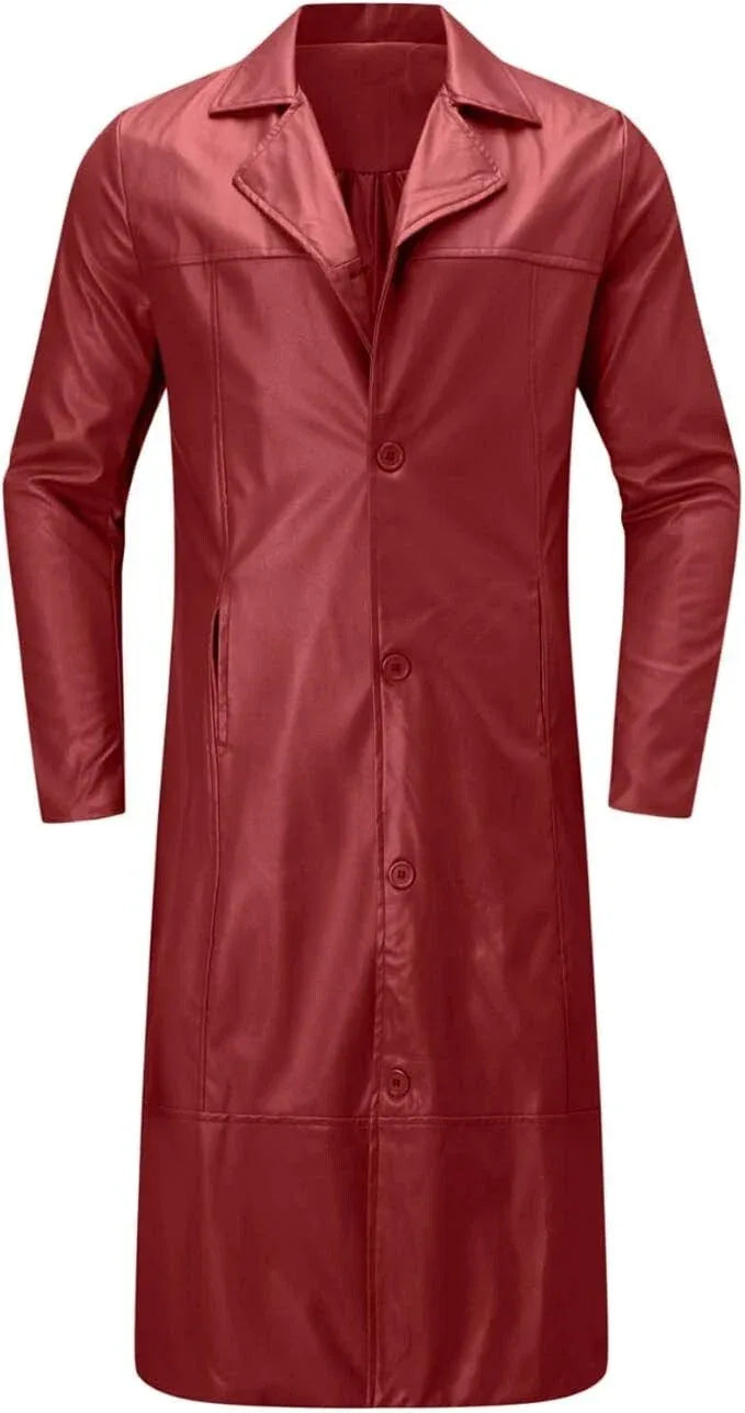 Men's Red Full-Grain Original Leather Coat – Handcrafted Single-Breasted Overcoat