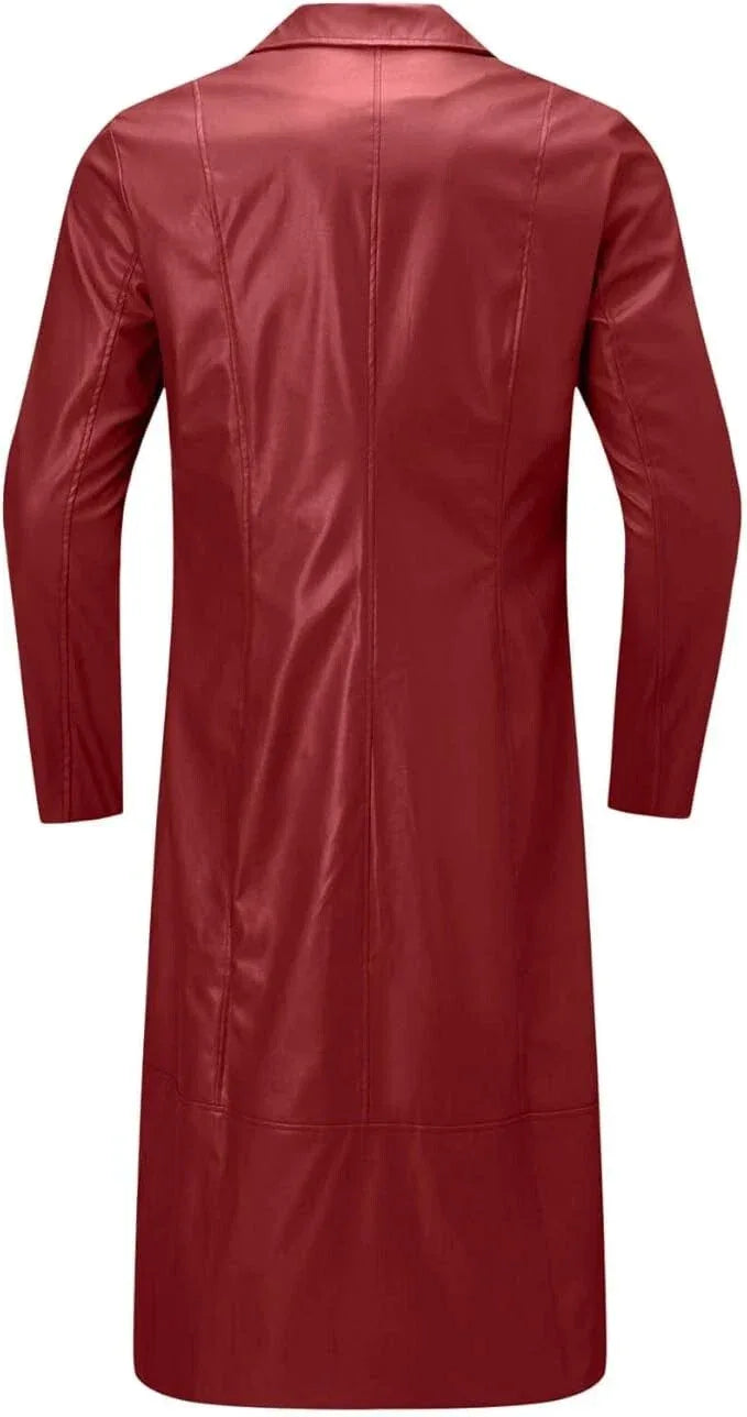Men's Red Full-Grain Original Leather Coat – Handcrafted Single-Breasted Overcoat