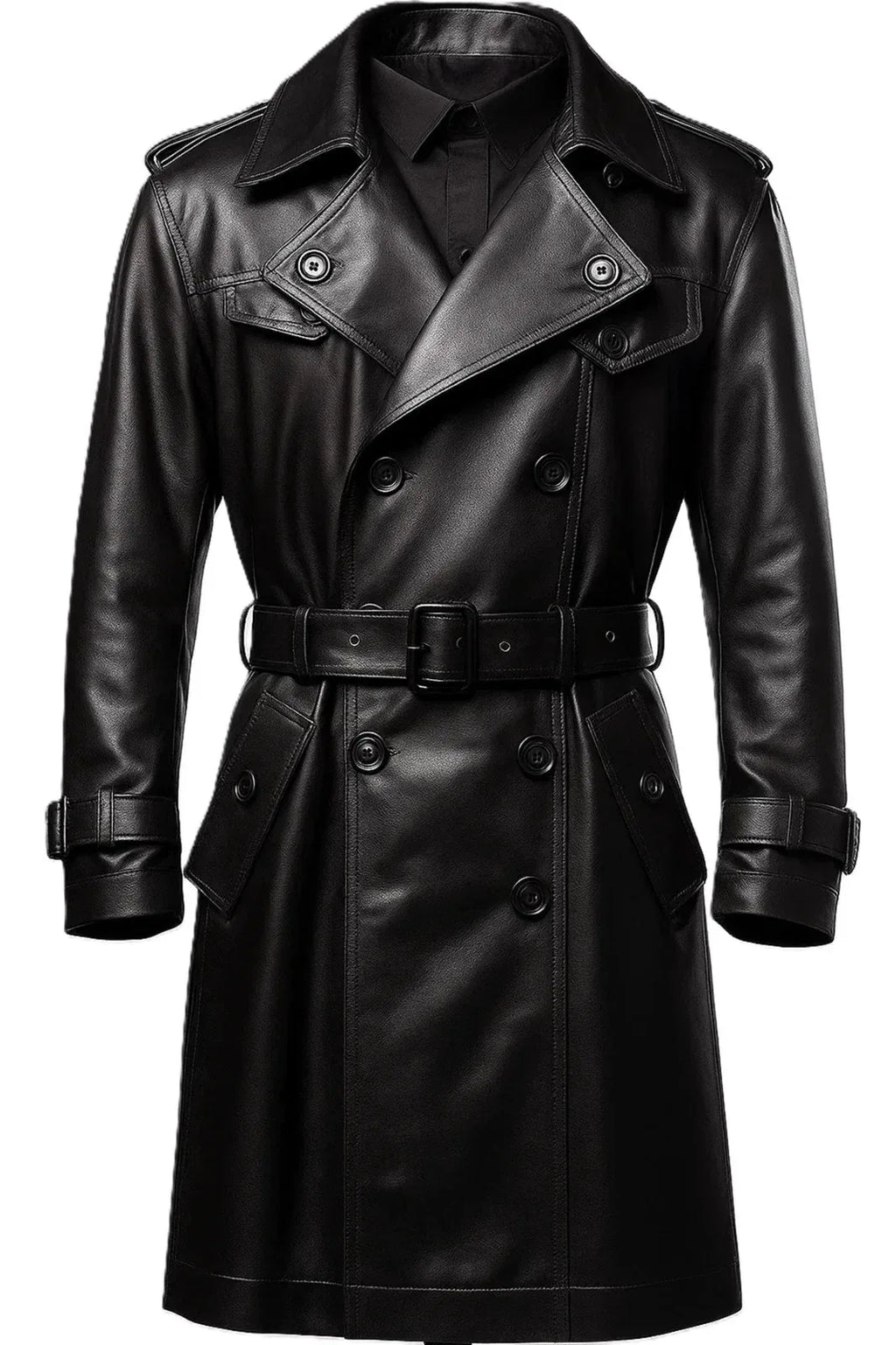 Men's Black Full-Grain Original Leather Trench Coat with Belt – Handcrafted Double-Breasted Overcoat