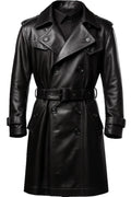 Men's Black Full-Grain Original Leather Trench Coat with Belt – Handcrafted Double-Breasted Overcoat
