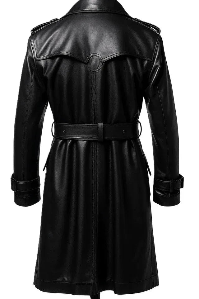Men's Black Full-Grain Original Leather Trench Coat with Belt – Handcrafted Double-Breasted Overcoat
