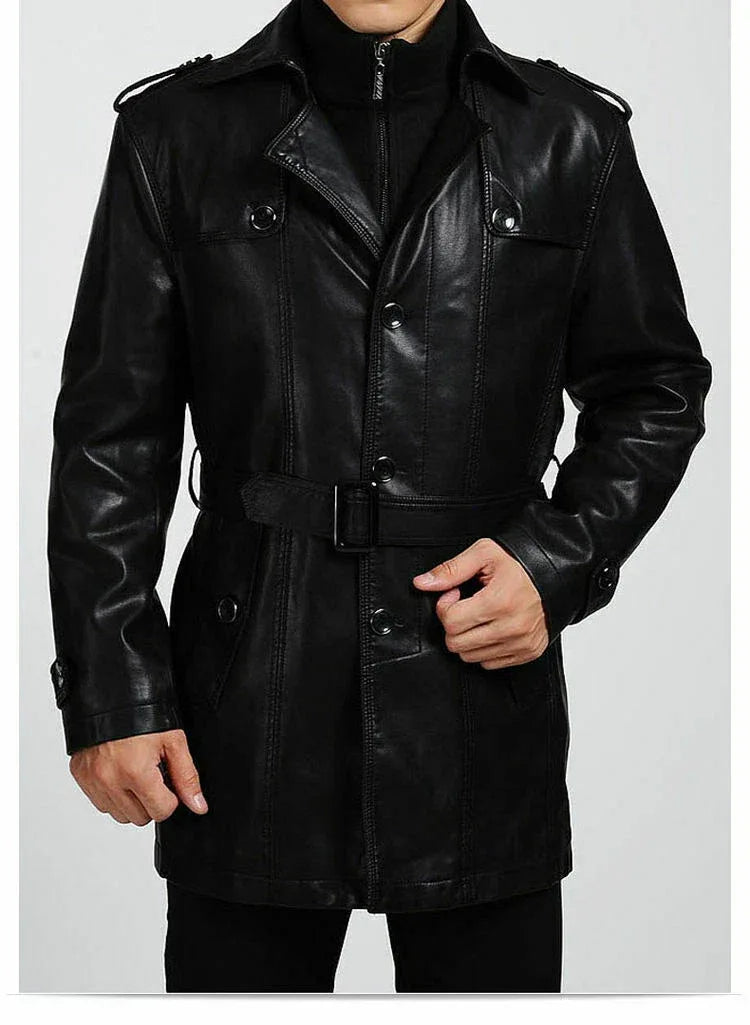 Men's Black Full-Grain Original Leather Trench Coat with Belt – Handcrafted Zip-Front Overcoat