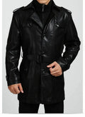 Men's Black Full-Grain Original Leather Trench Coat with Belt – Handcrafted Zip-Front Overcoat