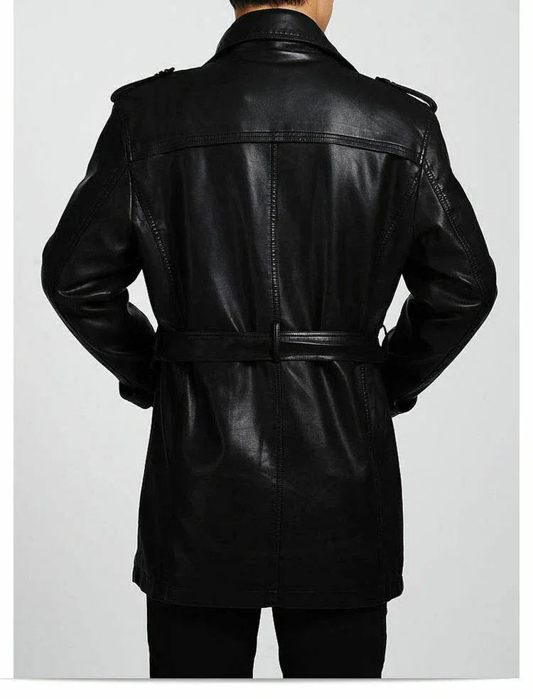 Men's Black Full-Grain Original Leather Trench Coat with Belt – Handcrafted Zip-Front Overcoat