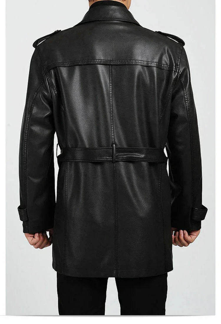 Men's Black Full-Grain Original Leather Trench Coat with Belt – Handcrafted Zip-Front Overcoat