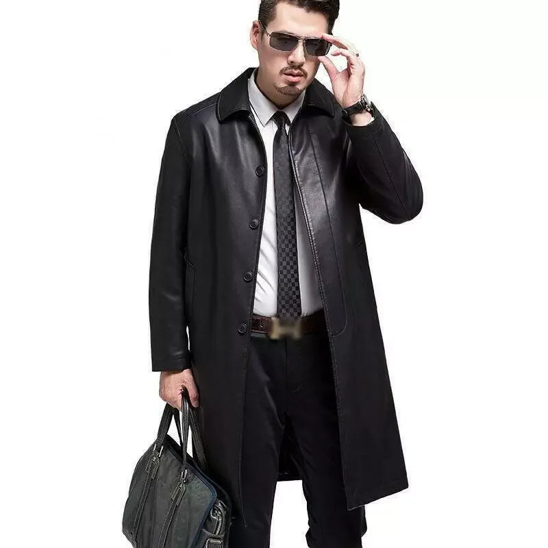 Men's Black Full-Grain Original Leather Executive Coat – Handcrafted Single-Breasted Overcoat