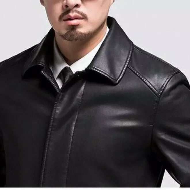 Men's Black Full-Grain Original Leather Executive Coat – Handcrafted Single-Breasted Overcoat