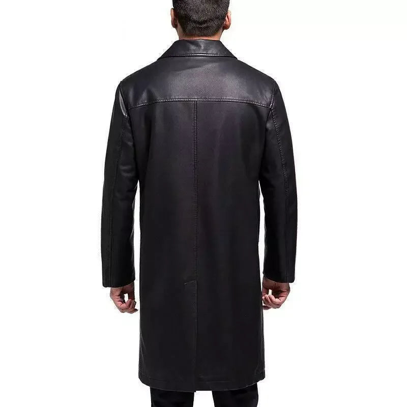 Men's Black Full-Grain Original Leather Executive Coat – Handcrafted Single-Breasted Overcoat
