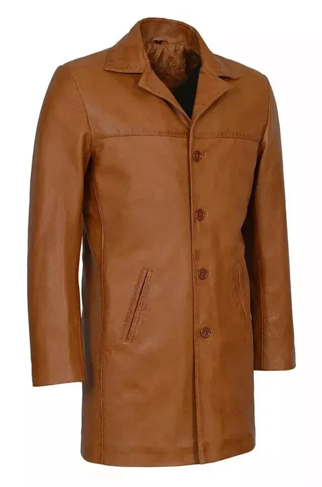 Men's Tan Full-Grain Original Leather Coat - Classic Button-Front Overcoat | Kamercio Leather