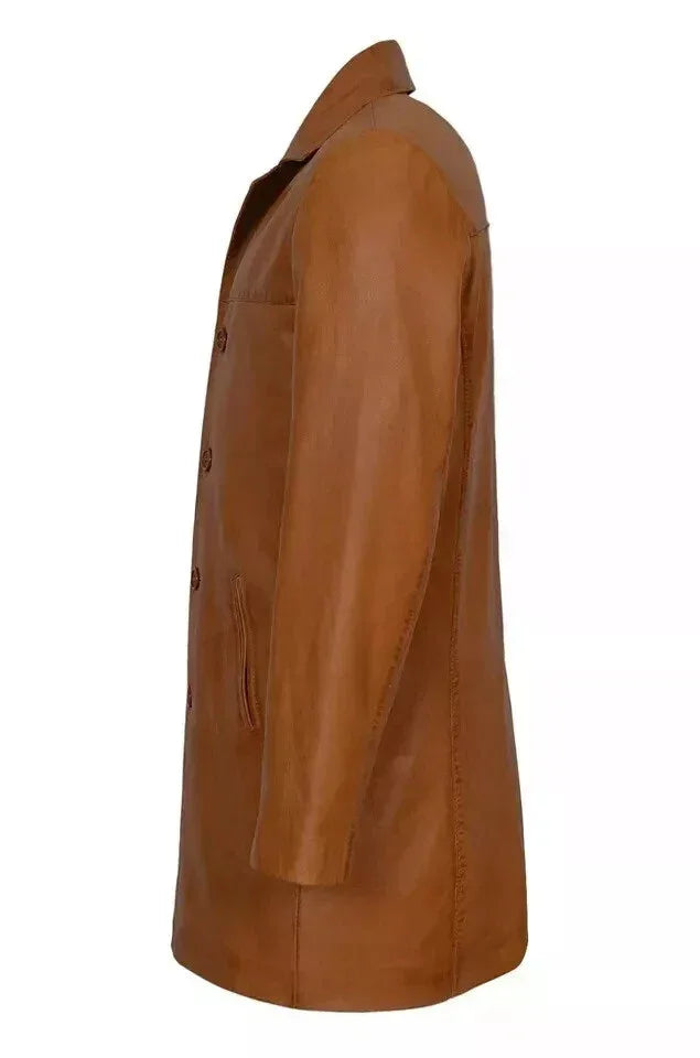 Men's Tan Full-Grain Original Leather Coat - Classic Button-Front Overcoat | Kamercio Leather