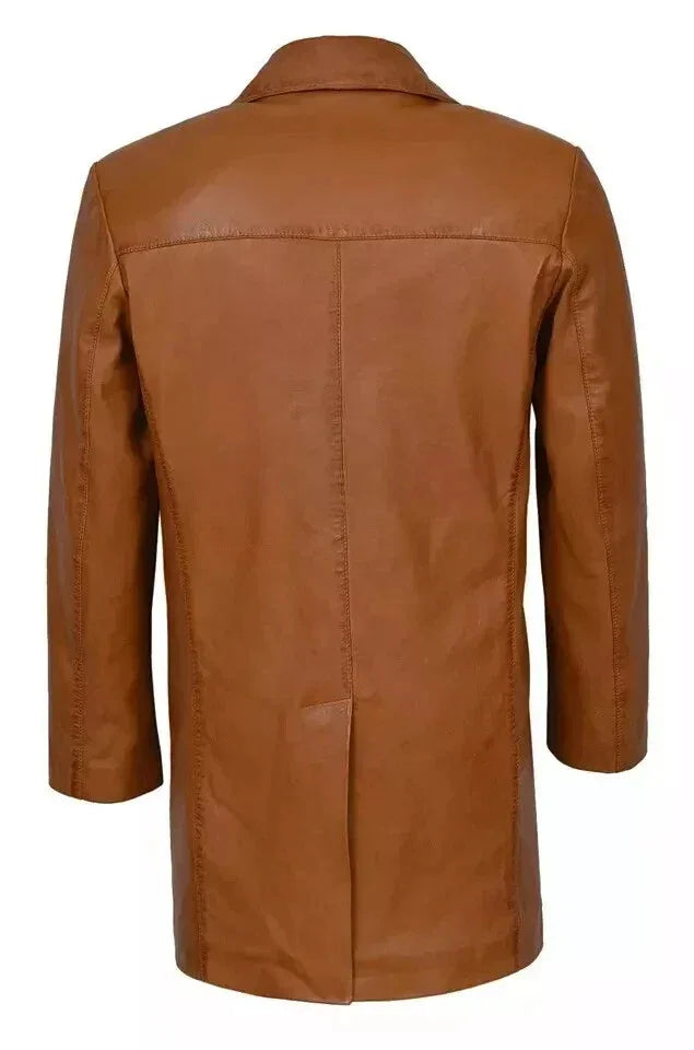 Men's Tan Full-Grain Original Leather Coat - Classic Button-Front Overcoat | Kamercio Leather