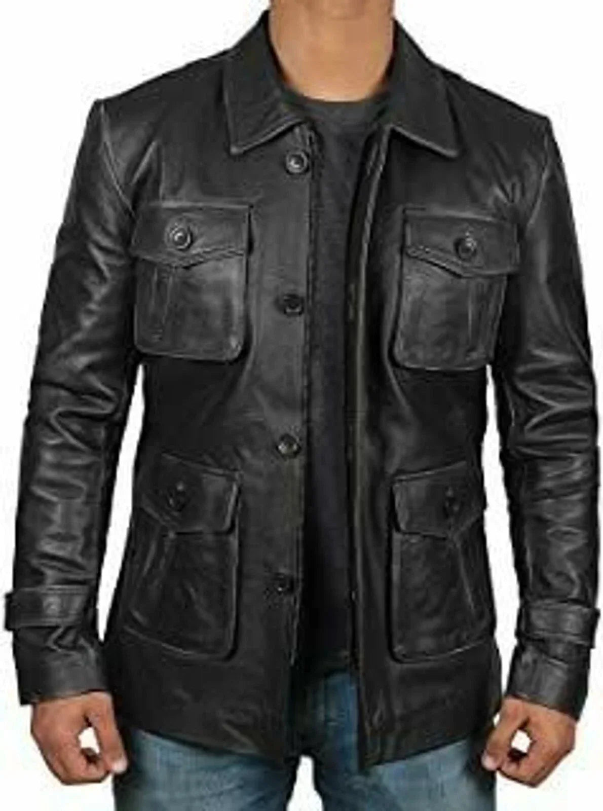 Men's Black Full-Grain Original Leather Military Jacket - Four-Pocket Field Coat | Kamercio Leather