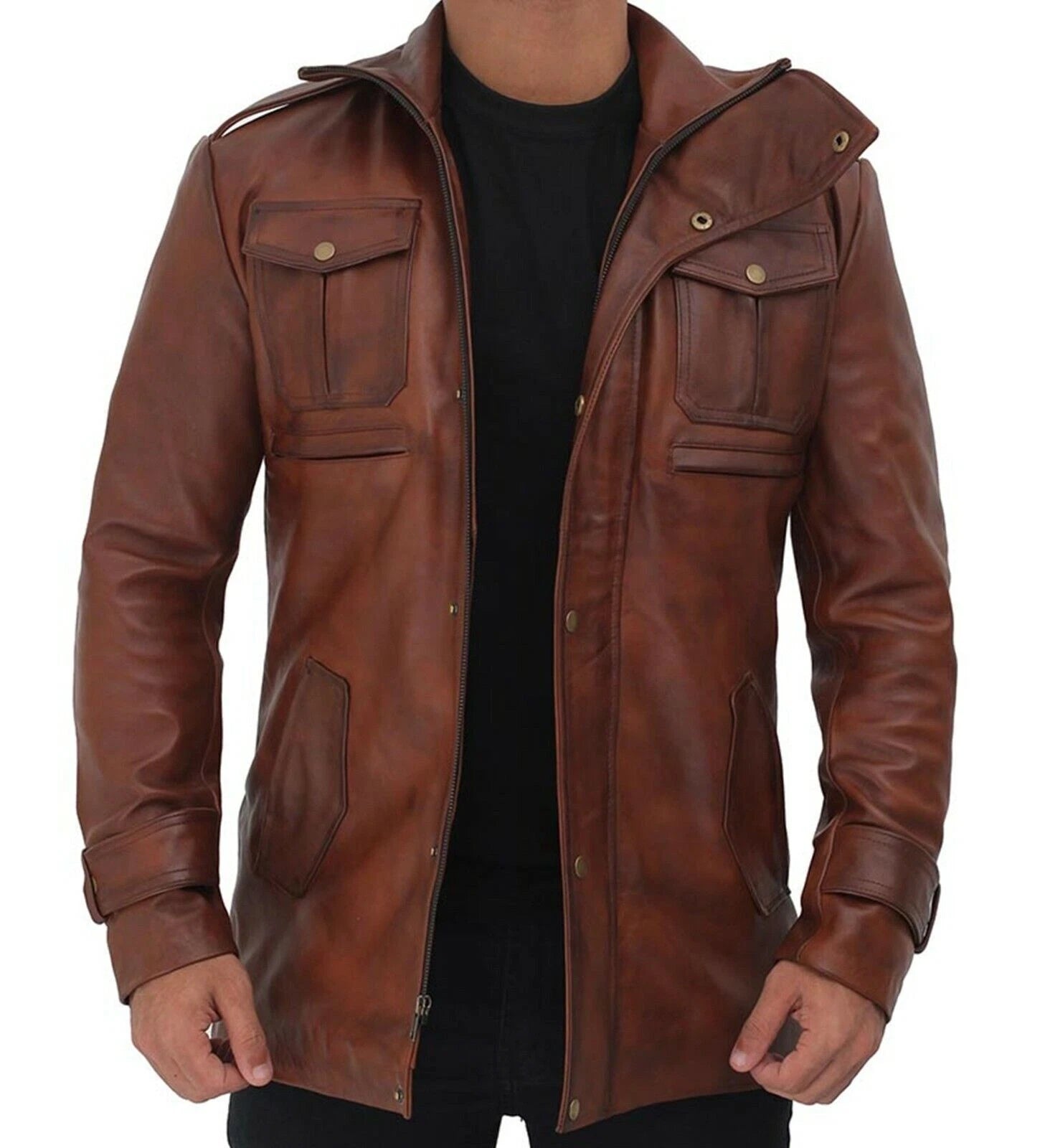 Men's Brown Full-Grain Original Leather Jacket - Dual Closure Field Coat with Chest Pockets | Kamercio Leather