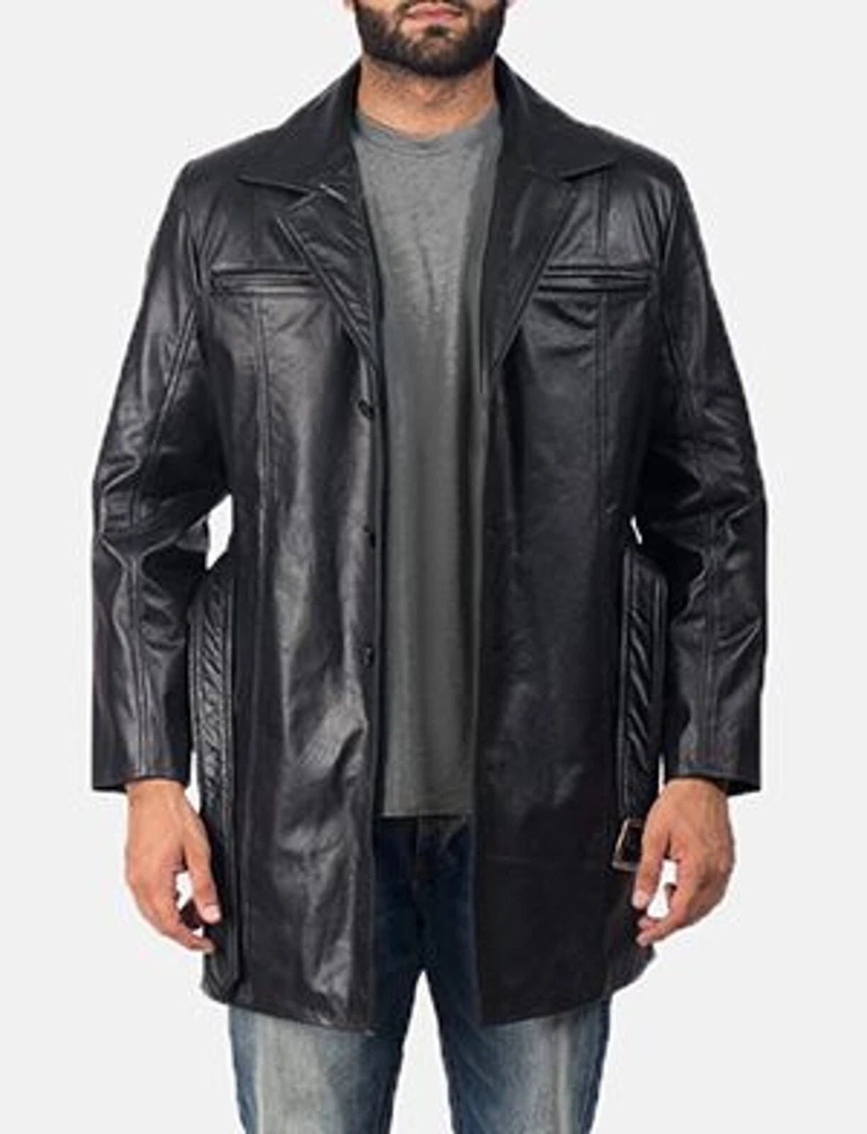 Men's Black Full-Grain Original Leather Coat - Open-Front Car Coat with Chest Pockets | Kamercio Leather