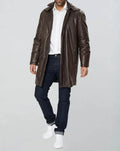 Men's Brown Full-Grain Original Leather Coat - Zipper-Front Trench Coat with Epaulettes | Kamercio Leather