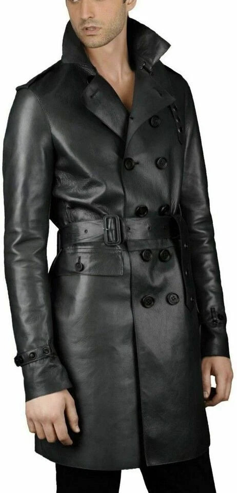 Men's Black Full-Grain Original Leather Trench Coat - Double-Breasted Belted Coat | Kamercio Leather