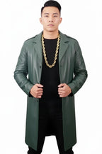 Men's Olive Green Full-Grain Original Leather Coat - Military-Style Overcoat with Epaulettes | Kamercio Leather