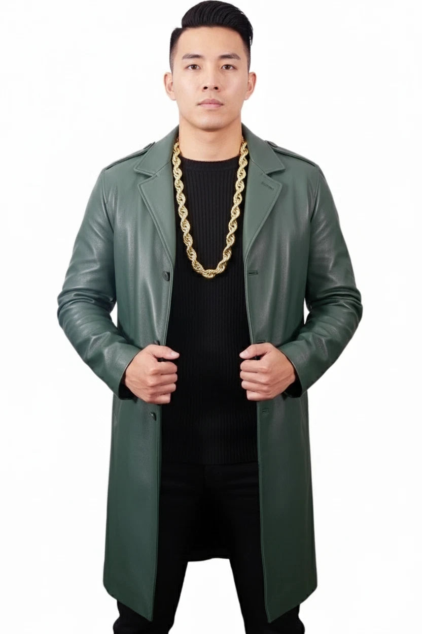 Men's Olive Green Full-Grain Original Leather Coat - Military-Style Overcoat with Epaulettes | Kamercio Leather