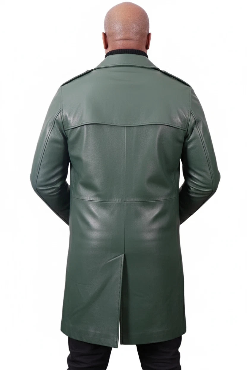 Men's Olive Green Full-Grain Original Leather Coat - Military-Style Overcoat with Epaulettes | Kamercio Leather