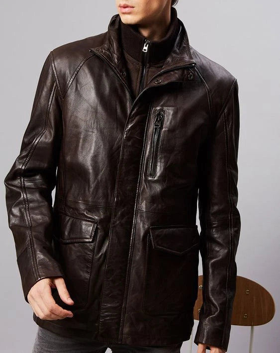 Men's Dark Brown Full-Grain Original Leather Jacket - Multi-Pocket Field Jacket with Stand Collar | Kamercio Leather
