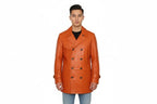 Men's Orange Full-Grain Original Leather Peacoat - Double-Breasted Statement Coat | Kamercio Leather