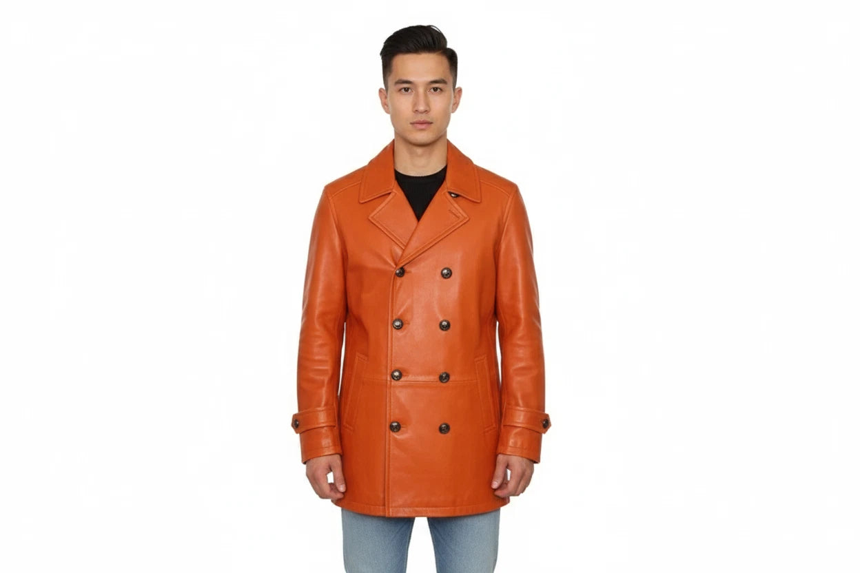 Men's Orange Full-Grain Original Leather Peacoat - Double-Breasted Statement Coat | Kamercio Leather