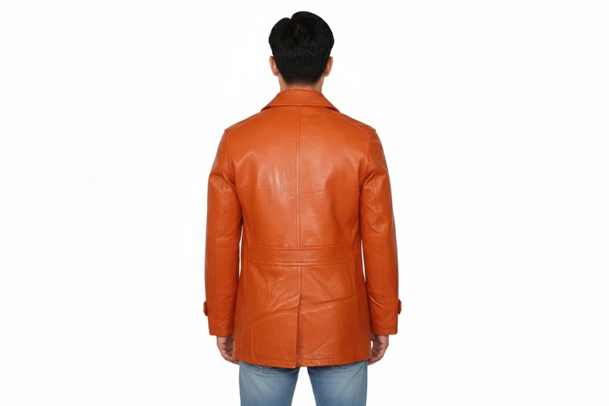 Men's Orange Full-Grain Original Leather Peacoat - Double-Breasted Statement Coat | Kamercio Leather