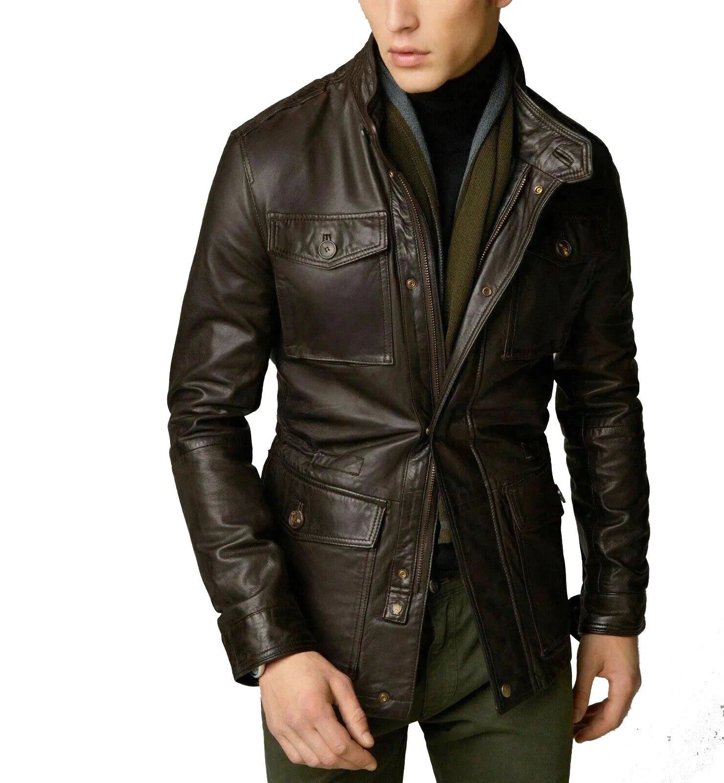 Men's Dark Brown Full-Grain Original Leather Military Jacket - Stand Collar Coat with Multi-Pockets | Kamercio Leather