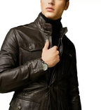 Men's Dark Brown Full-Grain Original Leather Military Jacket - Stand Collar Coat with Multi-Pockets | Kamercio Leather