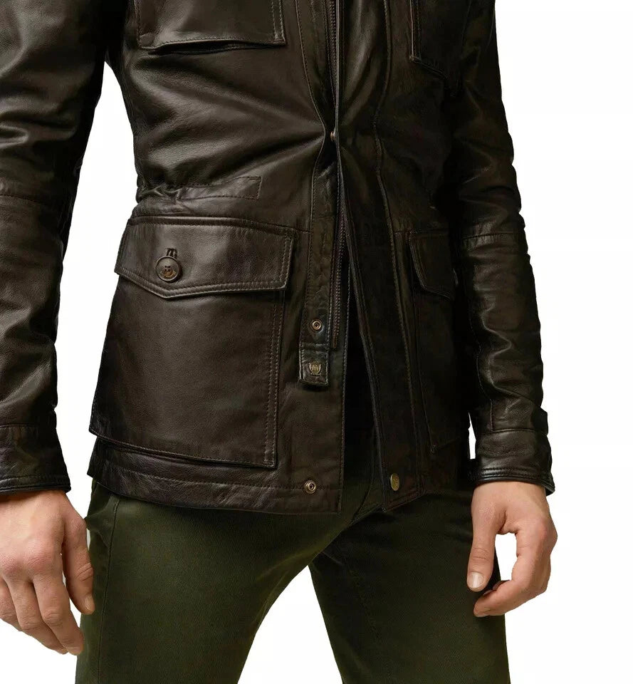 Men's Dark Brown Full-Grain Original Leather Military Jacket - Stand Collar Coat with Multi-Pockets | Kamercio Leather