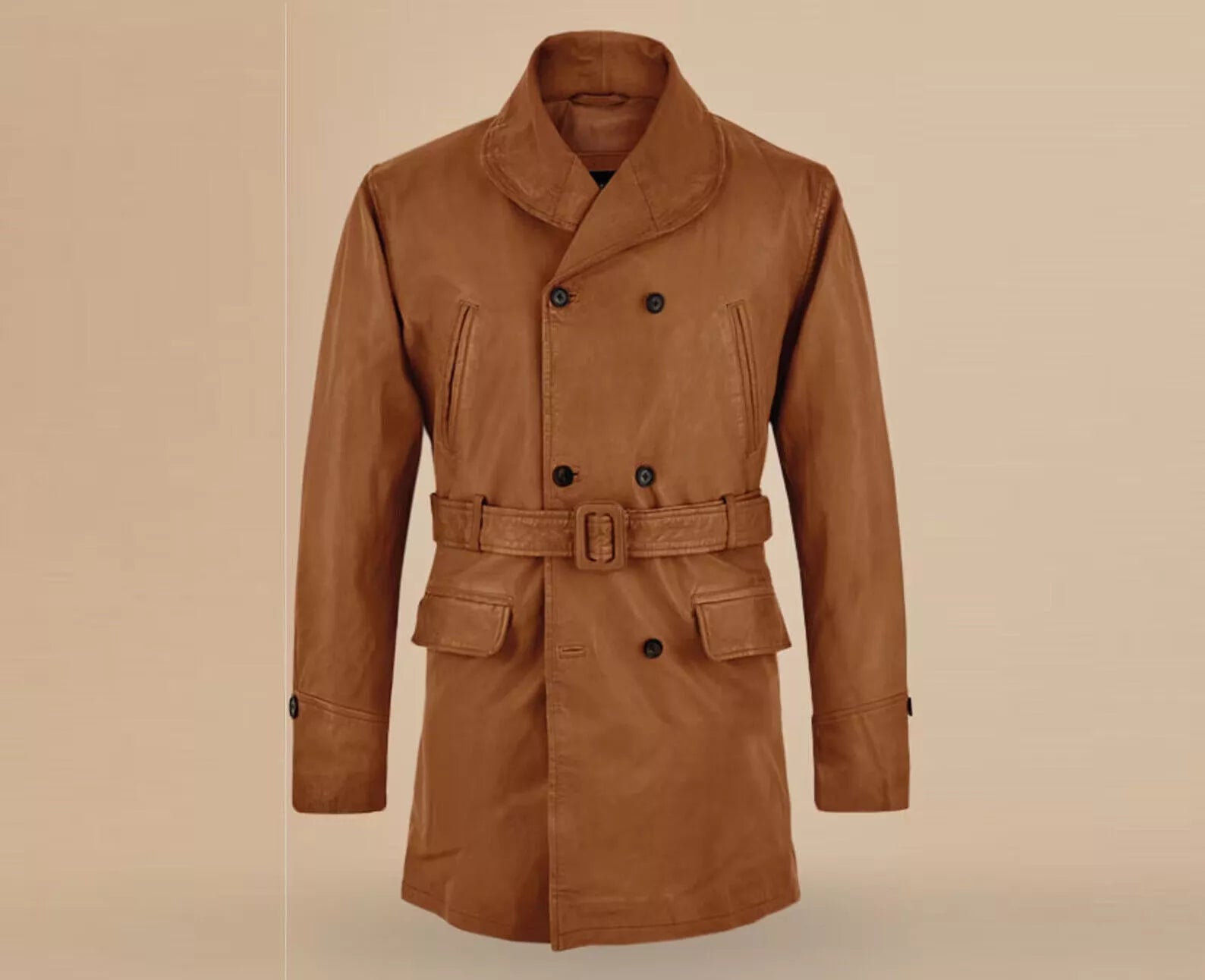 Men's Tan Full-Grain Original Leather Peacoat - Double-Breasted Belted Coat with Shawl Collar | Kamercio Leather