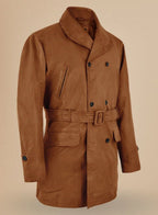 Men's Tan Full-Grain Original Leather Peacoat - Double-Breasted Belted Coat with Shawl Collar | Kamercio Leather