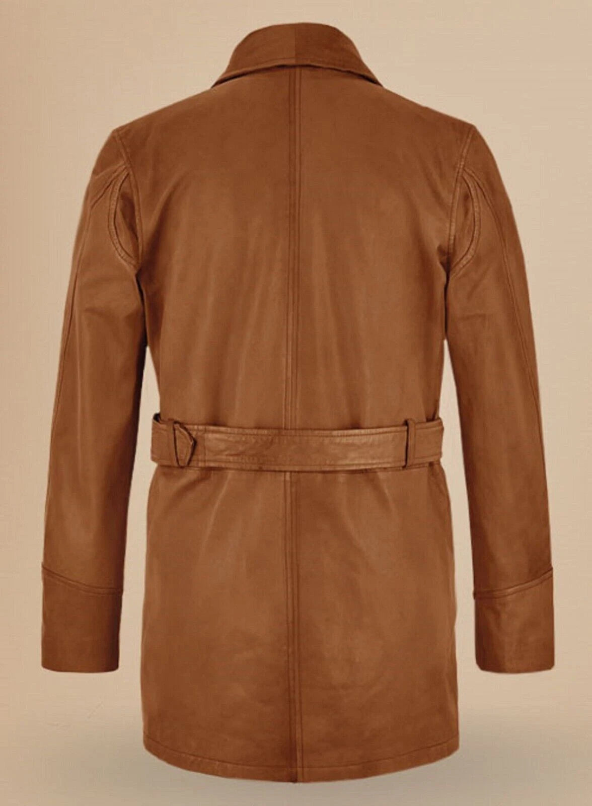 Men's Tan Full-Grain Original Leather Peacoat - Double-Breasted Belted Coat with Shawl Collar | Kamercio Leather