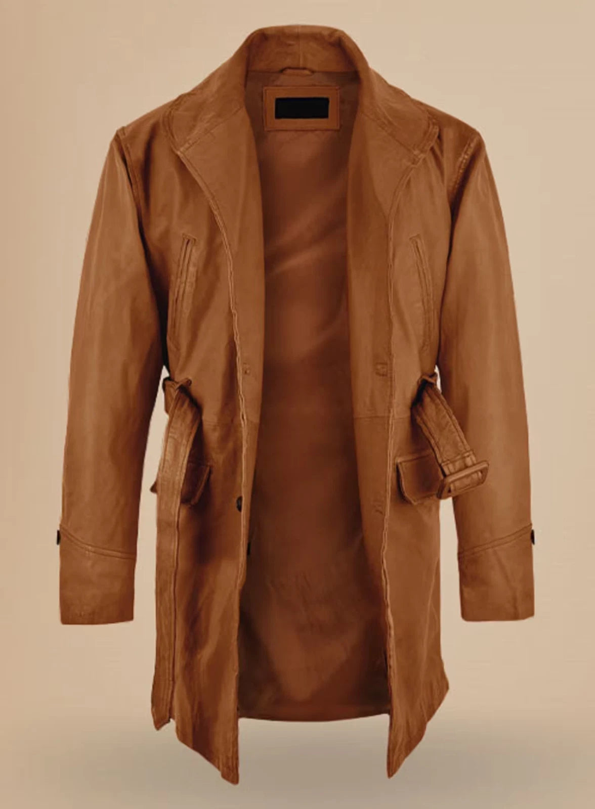 Men's Tan Full-Grain Original Leather Peacoat - Double-Breasted Belted Coat with Shawl Collar | Kamercio Leather