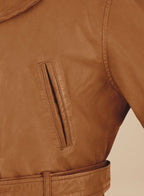 Men's Tan Full-Grain Original Leather Peacoat - Double-Breasted Belted Coat with Shawl Collar | Kamercio Leather