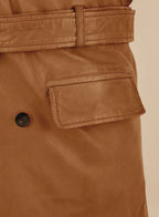 Men's Tan Full-Grain Original Leather Peacoat - Double-Breasted Belted Coat with Shawl Collar | Kamercio Leather