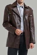 Men's Brown Full-Grain Original Leather Military Coat - Asymmetric Coat with Epaulettes | Kamercio Leather