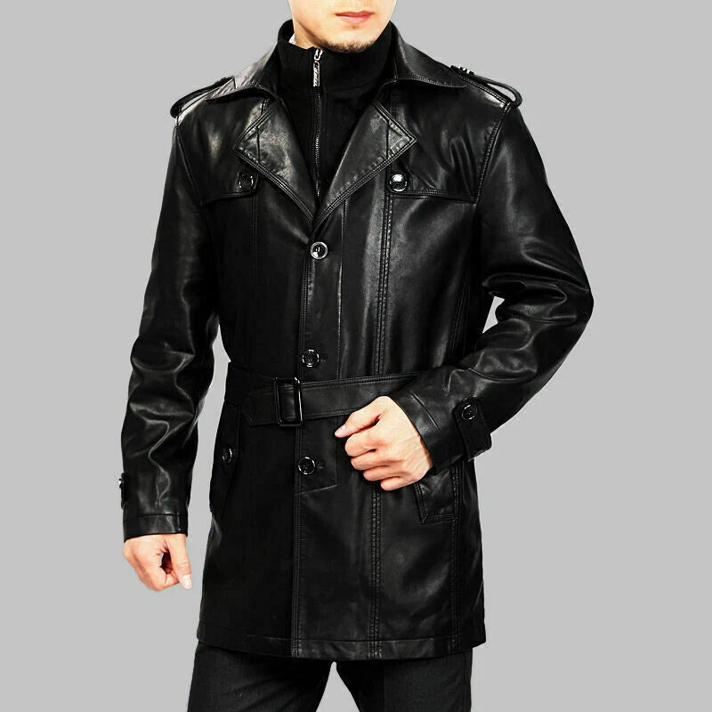 Men's Black Full-Grain Original Leather Coat - Dual Closure Belted Coat with Epaulettes | Kamercio Leather