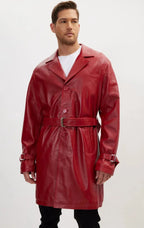Men's Burgundy Full-Grain Original Leather Trench Coat - Belted Coat with Buckle Cuffs | Kamercio Leather