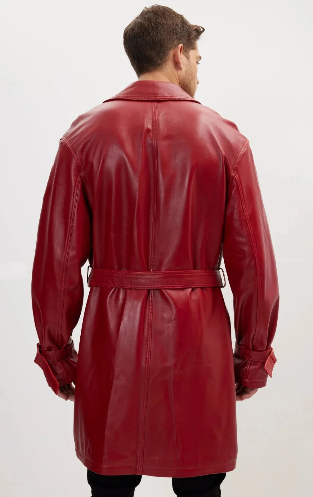 Men's Burgundy Full-Grain Original Leather Trench Coat - Belted Coat with Buckle Cuffs | Kamercio Leather