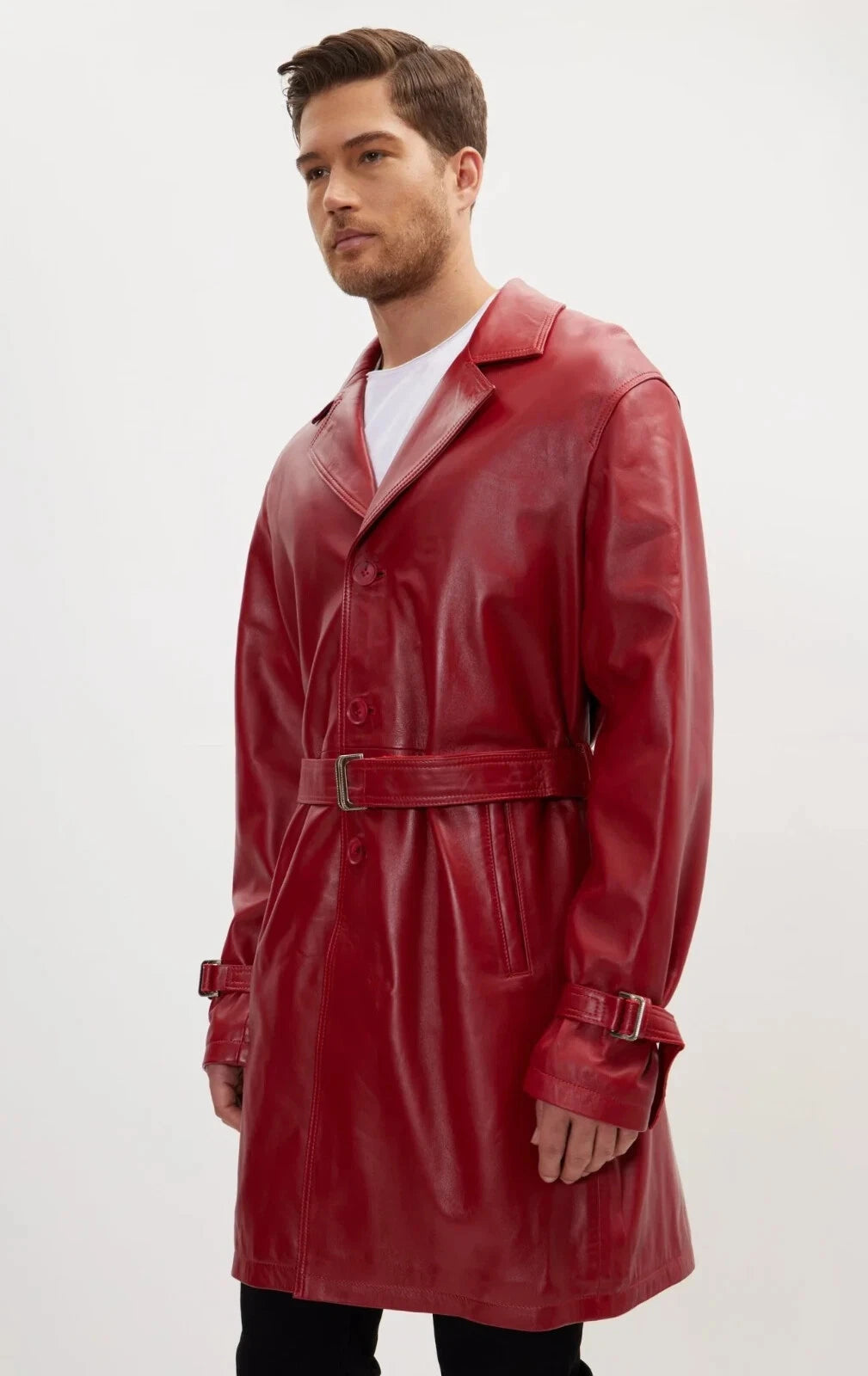 Men's Burgundy Full-Grain Original Leather Trench Coat - Belted Coat with Buckle Cuffs | Kamercio Leather
