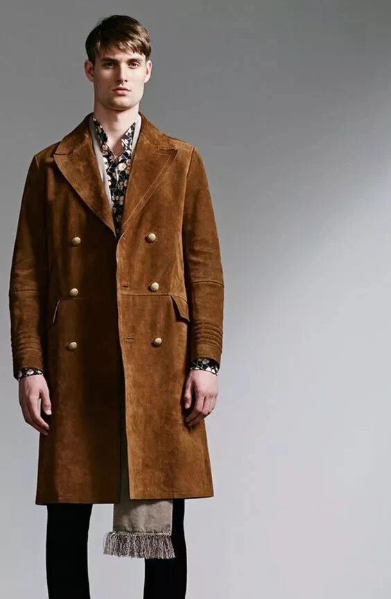 Premium Camel Suede Original Leather Coat - Double-Breasted Premium Long Coat