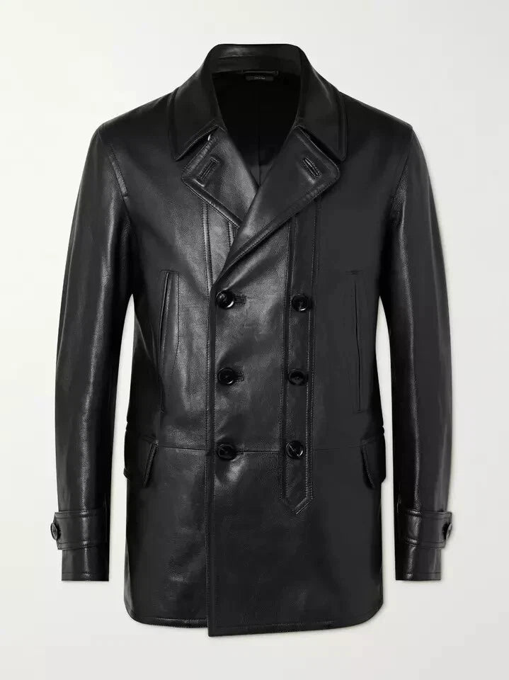 Premium Black Original Leather Peacoat - Double-Breasted Military Premium Trench Coat